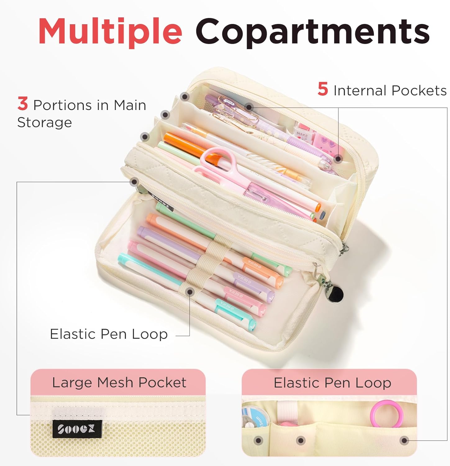 Sooez Large Pencil Case Pouch. Extra Big Pencil Bag with 8 Compartments. Pen Bag Wide Opening. Soft Quilted Pencil Pouch Organizer with Zipper. Portable Pencil Case for Teen Girls. Beige - Image 4