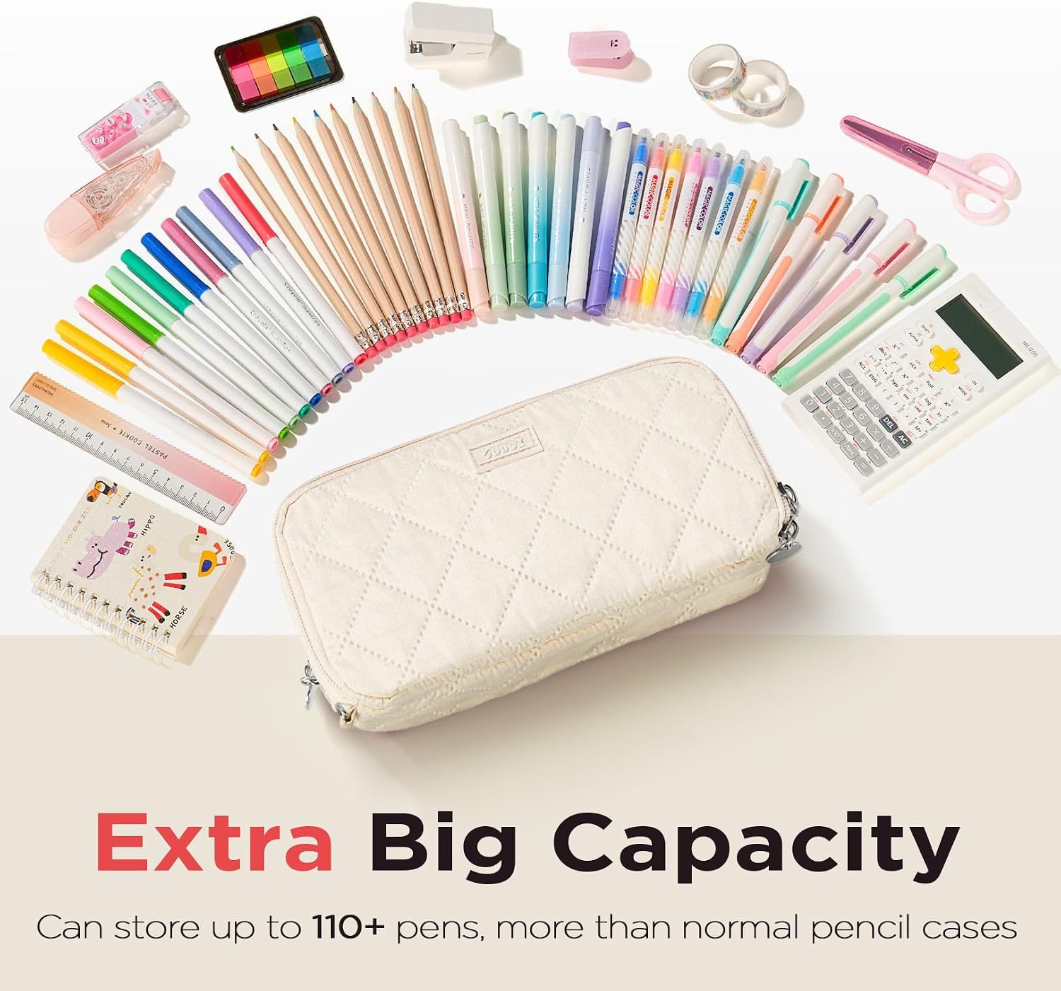Sooez Large Pencil Case Pouch. Extra Big Pencil Bag with 8 Compartments. Pen Bag Wide Opening. Soft Quilted Pencil Pouch Organizer with Zipper. Portable Pencil Case for Teen Girls. Beige - Image 3